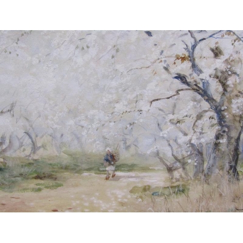 1260 - JERAUCHI - FIGURE ON A PATHWAY IN SPRINGTIME ORCHARD, SIGNED WATERCOLOUR, F/G, 23CM X 32CM