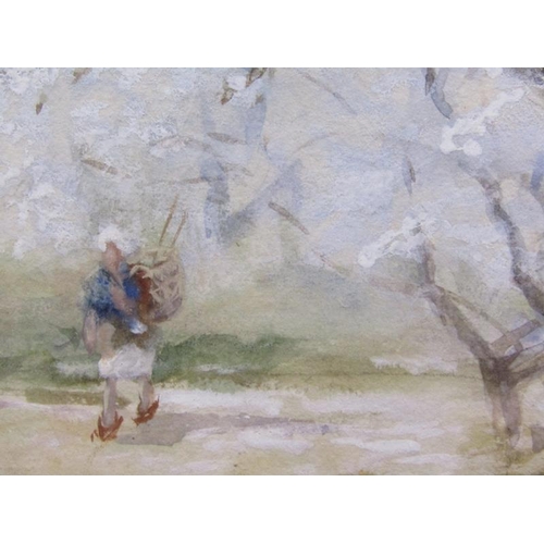 1260 - JERAUCHI - FIGURE ON A PATHWAY IN SPRINGTIME ORCHARD, SIGNED WATERCOLOUR, F/G, 23CM X 32CM