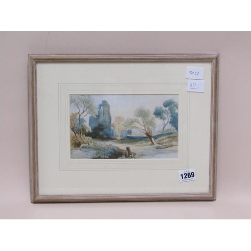 1269 - UNSIGNED 19C - THE RUINED ABBEY, WATERCOLOUR, F/G, 12CM X 20CM