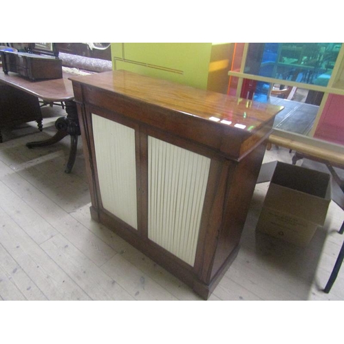 1789 - EARLY 19C MAHOGANY SIDE CABINET FITTED SHELVES AND ENCLOSED BY PLEATED DOORS, 95CM X 92CM