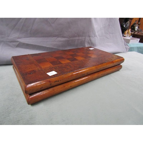 1320 - 19c MIXED WOOD GAMES BOX WITH CHECKERBOARD AND BACKGAMMON - 53cms W