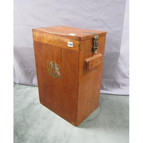 1342 - LATE 19/EARLY 20c MAHOGANY AMMUNITION/SECURITY BOX WITH ROYAL COAT OF ARMS AND SIDE CARRY HANDLES - ... 