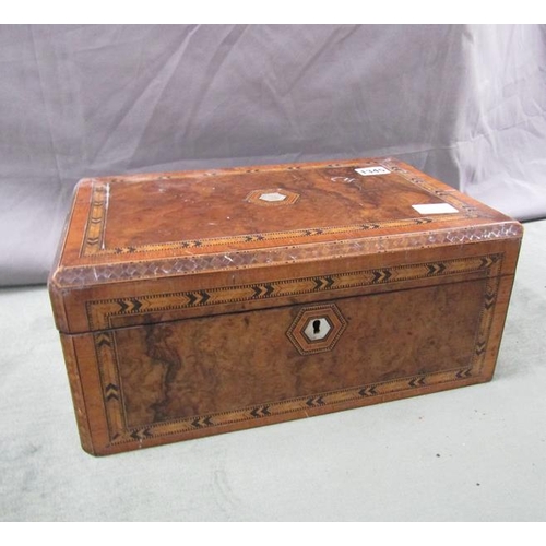 1345 - VICTORIAN BURR WALNUT SATINWOOD VENEERED WRITING SLOPE 35cms W