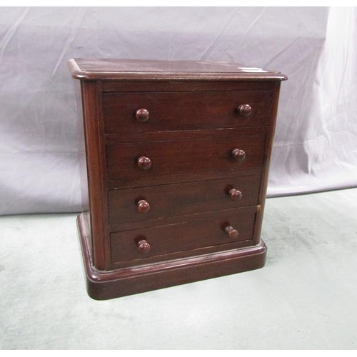 1347 - 19c MAHOGANY MINIATURE CHEST OF FOUR LONG DRAWERS 30 x 32 cms