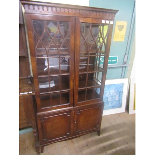 1721 - GLAZED FIGURE MAHOGANY STANDING CABINET WITH CUPBOARDS UNDER, 87CM W, 168CM H