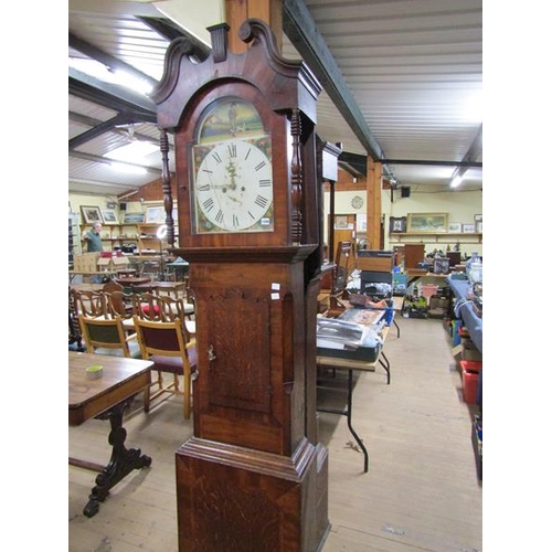 1298 - 19c OPEN MAHOGANY LONG CASE CLOCK WITH PAINTED ARCH DIAL 135cms H