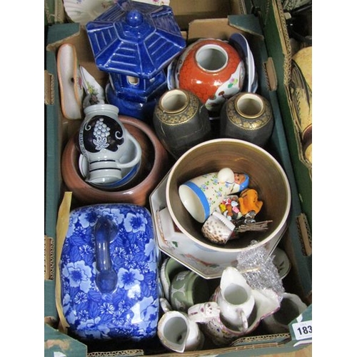 183 - BOX OF MIXED CERAMICS, ORIENTAL ETC. PLUS LARGE CHEESE DISH