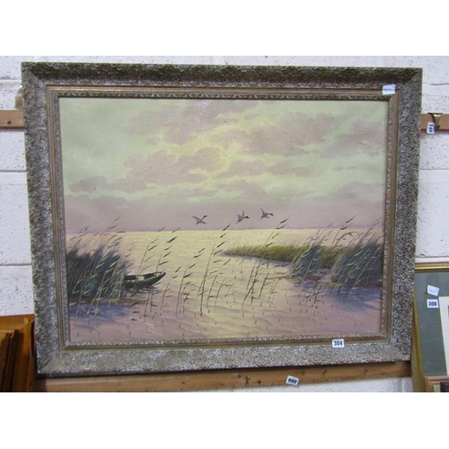 304 - FRAMED OIL ON CANVAS, DUCKS RISING