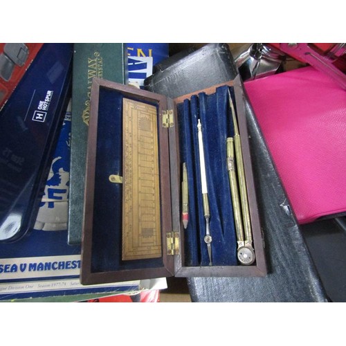 230 - BOX; FOOTBALL PROGRAMMES, CALENDAR, LAMPS, DRAWING INSTRUMENTS ETC.