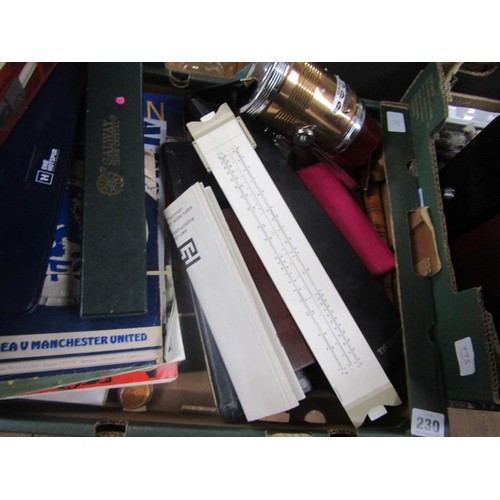 230 - BOX; FOOTBALL PROGRAMMES, CALENDAR, LAMPS, DRAWING INSTRUMENTS ETC.