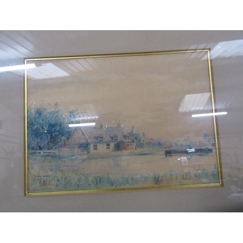 6 - FRAMED WATERCOLOUR - LAKE SCENE; HORSE PRINT