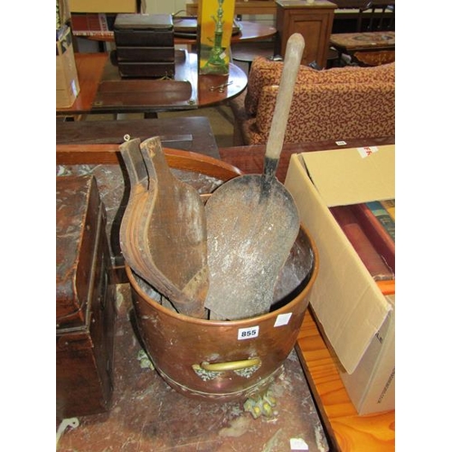 855 - COAL BUCKET, BELLOWS AND A SHOVEL