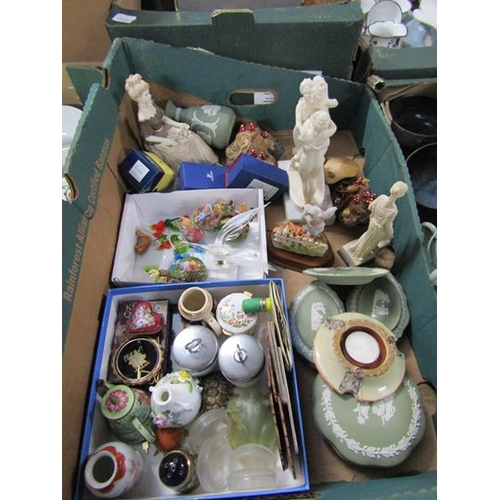 217 - BOX OF MIXED GLASSWARE, DECANTERS, CLARET JUG ETC.