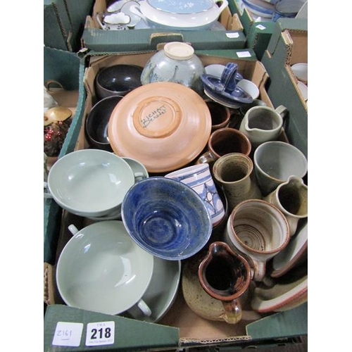 218 - BOX OF STUDIO POTTERY, MUGS, POTS, ETC