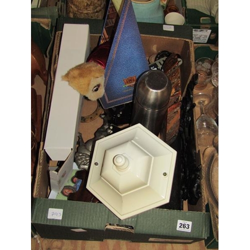 263 - BOX OF MIXED LIGHTING, CRYSTAL GLASS ETC.