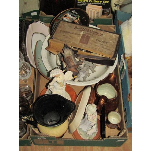 265 - BOX; SHOE STRETCHERS, MIXED METALWARE ETC. LAMPS