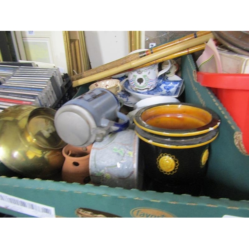 394 - LARGE COLLECTION OF MIXED CERAMICS, GLASS, WARMING PAN ETC