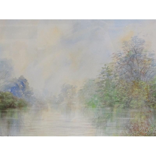 1001 - MEGAN HODGKINSON - EARLY MORNING LAKE SCENE SIGNED, F/G WATERCOLOUR, 27CM X 38CM