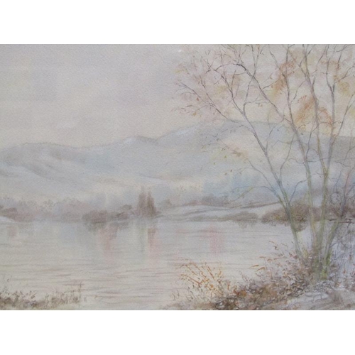 1002 - MEGAN HODGKINSON - LAKE WITH MOUNTAINS, SIGNED WATERCOLOUR, F/G, 26CM X 42CM