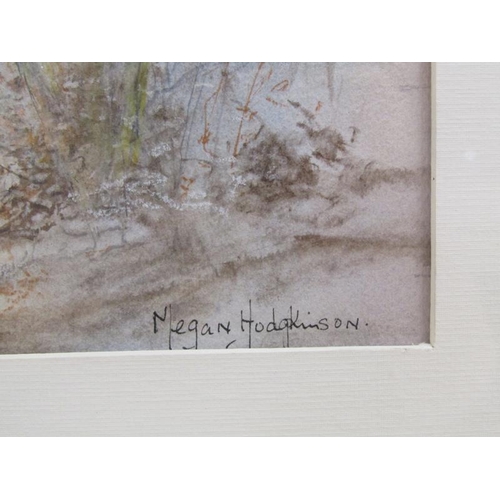 1002 - MEGAN HODGKINSON - LAKE WITH MOUNTAINS, SIGNED WATERCOLOUR, F/G, 26CM X 42CM