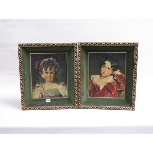 1004 - PAIR OF FRAMED OELOGRAPHS - BOY IN RED COAT & GIRL IN WIDE BRIM HAT, EACH 38CM X 28CM