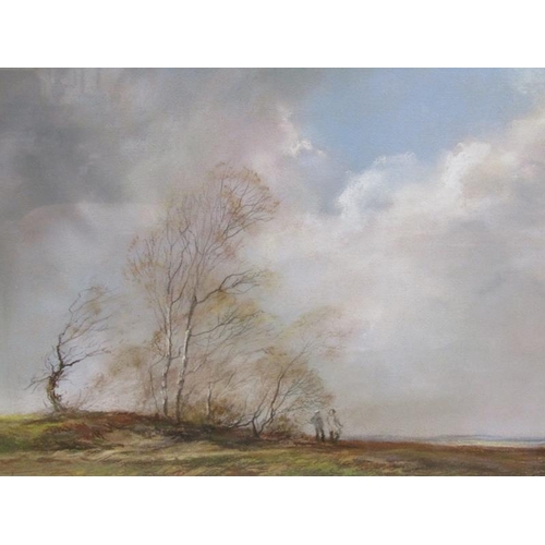 1005 - RICHARD TEAROE - WINDY LANDSCAPE WITH TWO FIGURES WALKING, SIGNED WATERCOLOUR, F/G, 34CM X 42CM