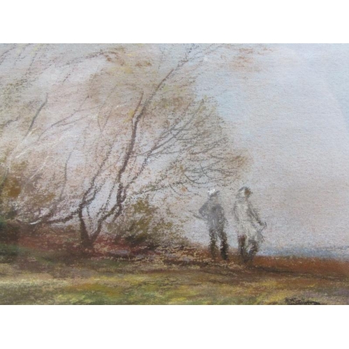 1005 - RICHARD TEAROE - WINDY LANDSCAPE WITH TWO FIGURES WALKING, SIGNED WATERCOLOUR, F/G, 34CM X 42CM