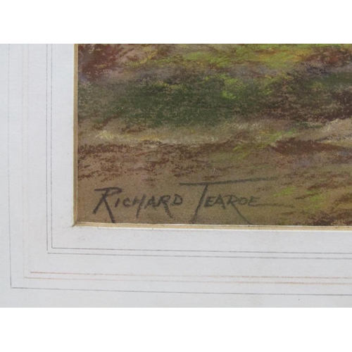 1005 - RICHARD TEAROE - WINDY LANDSCAPE WITH TWO FIGURES WALKING, SIGNED WATERCOLOUR, F/G, 34CM X 42CM