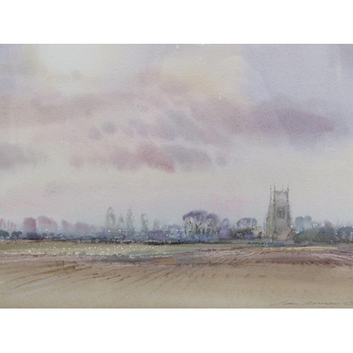 1006 - JAN ARMOUR-CHELU 1983 - FRESH PLOUGHING WITH CHURCH BEYOND, SIGNED WATERCOLOUR, F/G, 24CM X 36CM