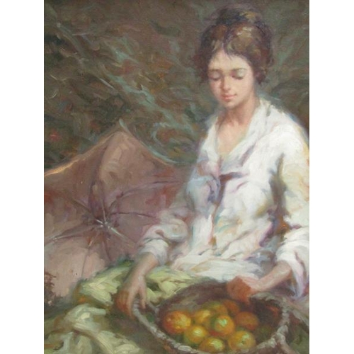 1008 - MOMPO ROCA - LADY WITH BASKET OF APPLES, SIGNED, OIL ON CANVAS, FRAMED, 60CM X 50CM