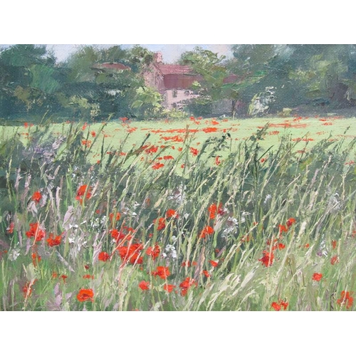 1015 - BRIAN BENNETT - POPPY FIELD, OIL ON BOARD.  FRAMED 19 x 24 cms