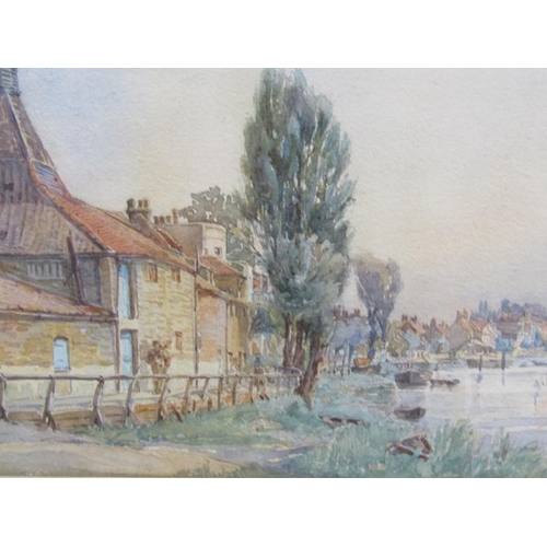 1019 - BARRY F BERRY - A RIVERSIDE TOWN.  SIGNED WATERCOLOUR.  F/G 18 x 34cms