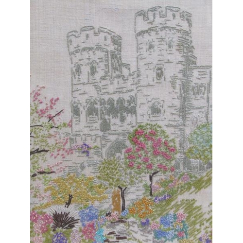 1021 - FRAMED NEEDLEWORK PICTURE - CASTLE AND GARDEN.  F/G