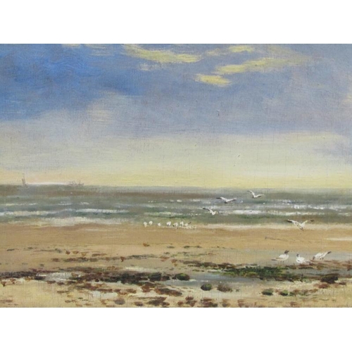 1023 - HUGH CLAYTON ADAMS - A COASTAL SCENE.  OIL ON BOARD, SIGNED AND FRAMED 21 x 35cms