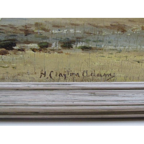 1023 - HUGH CLAYTON ADAMS - A COASTAL SCENE.  OIL ON BOARD, SIGNED AND FRAMED 21 x 35cms