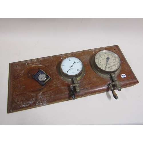 1139 - PRESSURE GAUGES ON WOODEN PLAQUES (82cms W), VOLT METER,