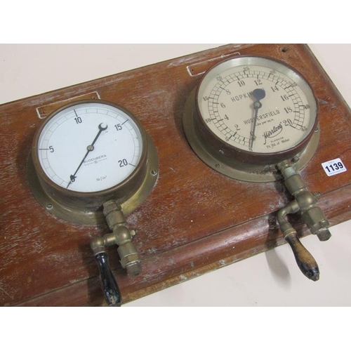 1139 - PRESSURE GAUGES ON WOODEN PLAQUES (82cms W), VOLT METER,