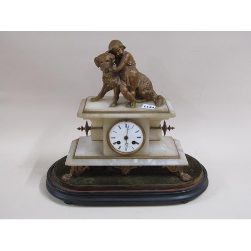 1144 - VICTORIAN ONYX AND FIGURATIVE FRENCH MANTEL CLOCK WITH A DOME BASE - CLOCK 32cms W