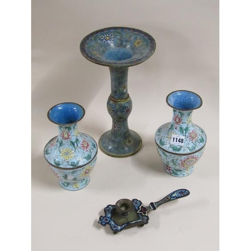 1148 - PAIR OF ENAMEL VASES, CHAMPLEVE ENAMEL CHAMBERSTICK AND ONE OTHER VASE, LARGEST 31cms H