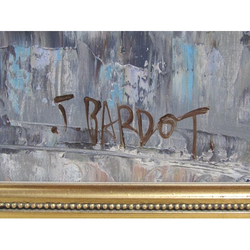 1027 - J BARDOT - A FRENCH CITY STREET, SIGNED.  OIL ON CANVAS.  FRAMED 60x 90 cms