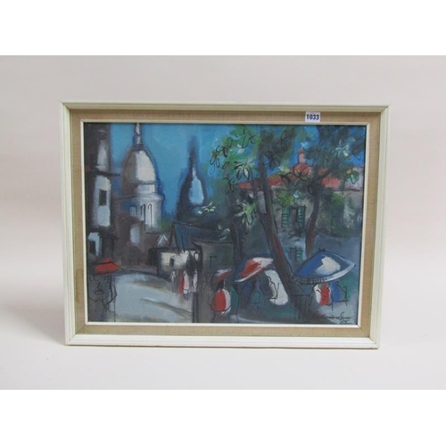 1033 - KENNETH ABERDANA SPENCER - AN ABSTRACT STREET SCENE, SIGNED OIL ON CANVAS.  FRAMED 44 x 60 cms