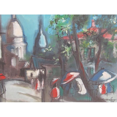 1033 - KENNETH ABERDANA SPENCER - AN ABSTRACT STREET SCENE, SIGNED OIL ON CANVAS.  FRAMED 44 x 60 cms