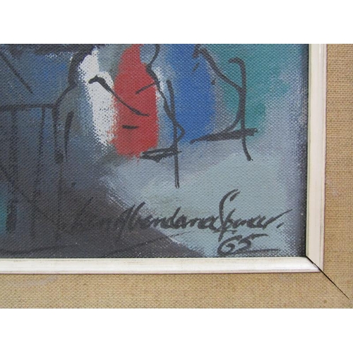 1033 - KENNETH ABERDANA SPENCER - AN ABSTRACT STREET SCENE, SIGNED OIL ON CANVAS.  FRAMED 44 x 60 cms