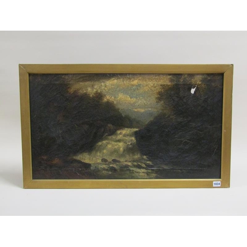 1034 - SIGNED INDISTINCTLY, 19c RIVER AND WATERFALL SCENES.  OIL ON CANVAS FRAMED - DAMAGE TO CANVAS