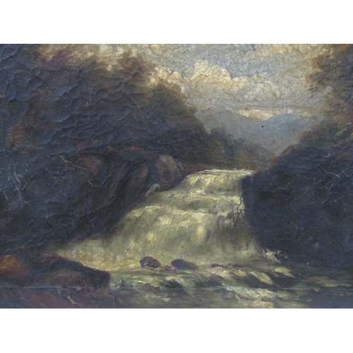 1034 - SIGNED INDISTINCTLY, 19c RIVER AND WATERFALL SCENES.  OIL ON CANVAS FRAMED - DAMAGE TO CANVAS