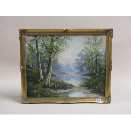 1038 - CANTREL - WOODLAND WATER COURSE, SIGNED, OIL ON CANVAS, FRAMED, 40CM X 50CM