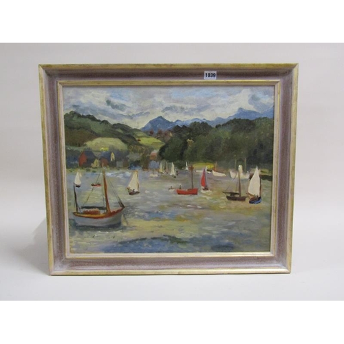 1039 - J A PARK - SAILING BOATS IN A QUIET BAY, OIL ON CANVAS, FRAMED, 45CM X 55CM