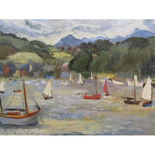 1039 - J A PARK - SAILING BOATS IN A QUIET BAY, OIL ON CANVAS, FRAMED, 45CM X 55CM