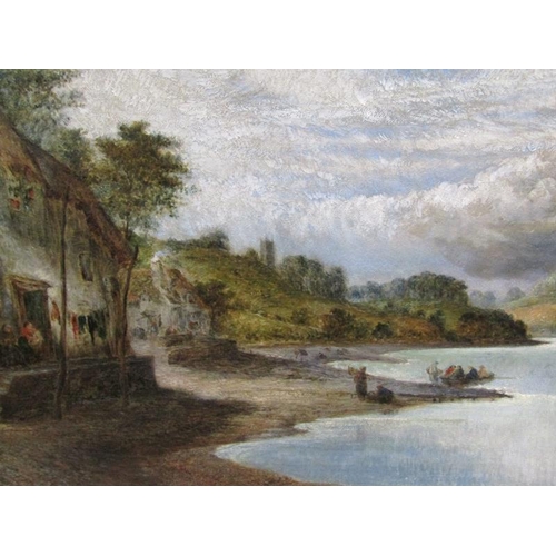 1040 - RICHARD ELMORE - FIGURES IN A BOAT DEPARTING FROM THE BANK OF A LAKE, SIGNED, OIL ON CANVAS, FRAMED,... 