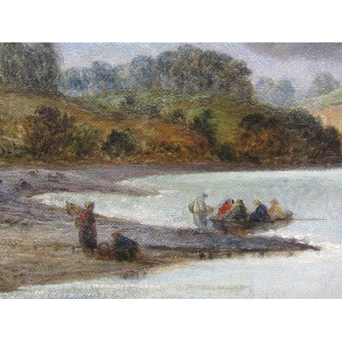 1040 - RICHARD ELMORE - FIGURES IN A BOAT DEPARTING FROM THE BANK OF A LAKE, SIGNED, OIL ON CANVAS, FRAMED,... 